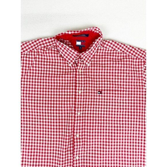 Vintage 90s Tommy Hilfiger Button Front Shirt XL Checkered Tablecloth Red White - Picture 3 of 9